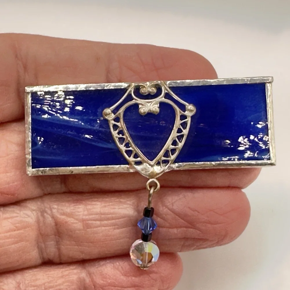Artisan Stained Glass Brooch Victorian Style Blue & Silver Tone Dangle Pin 2